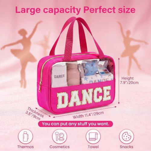Hot Pink-White Dance Makeup Bag with Chenille Letter & Handle - Girls & Women Gift