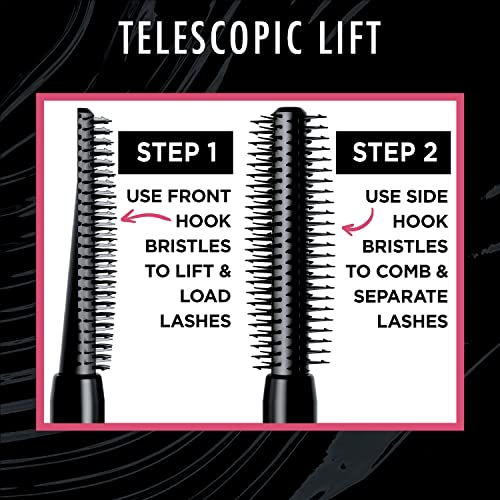 L'Oreal Paris Telescopic Lift Mascara, Lengthening and Volumizing Eye Makeup, Lash Lift with Up to 36HR Wear, Waterproof, Black, 0.33 Fl Oz