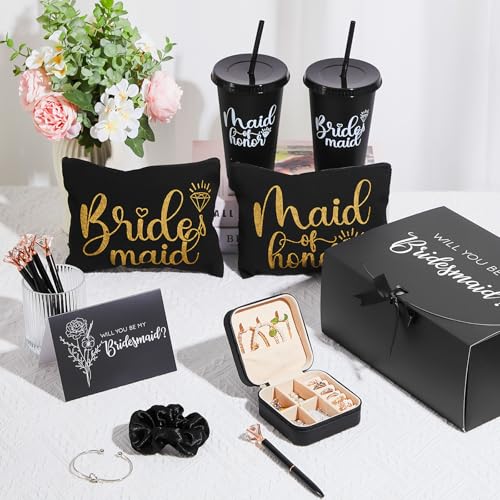 48 Pcs Bridesmaid Proposal Gifts Set, Maid of Honor Gifts Set from Bride, Will You Be My Bridesmaid Gift Box, 24 oz Tumbler Bridal Bachelorette Party Presents for Bridesmaids Wedding (Black)
