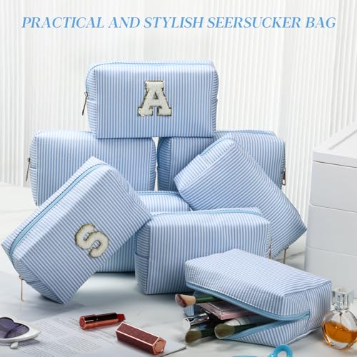Light Blue Seersucker Cosmetic Bags 8 Pack with A-Z Chenille Letter Patches - Travel & Makeup Organizer