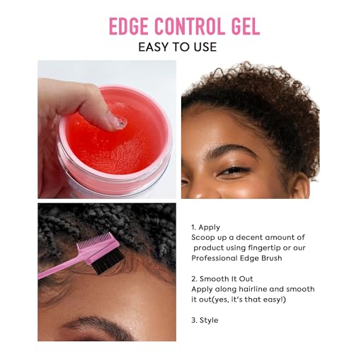 immetee Edge Control Gel with Brush - Hair Styling and Flyaway Tamer for Afro Hair (100g, 3.52 oz, Pink-Watermelon)