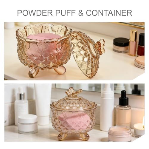 Body Powder Puff and Container set, 3.94" Small Crystal Glass Storage Jars with Dustproof Lid for Loose Powder with Soft Washable Reusable Fluffy Plush Puff (Butterfly-Amber)