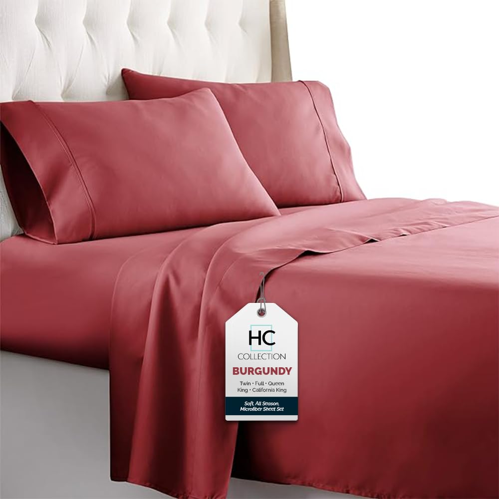 Twin Sheets Set, 3 pc Bed Sheets & Pillowcase Set - Machine Washable for Easy Care - Soft & Breathable All Season Microfiber Sheets with Deep Pockets - Burgundy