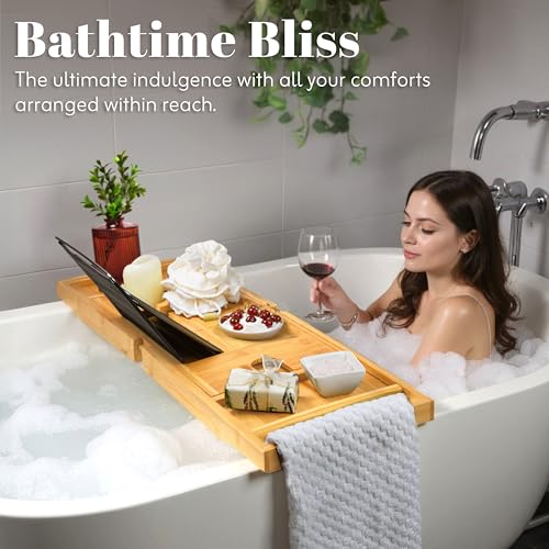 Premium Bamboo Bathtub Tray - Expandable Bath Caddy for Wine, Books & Phones