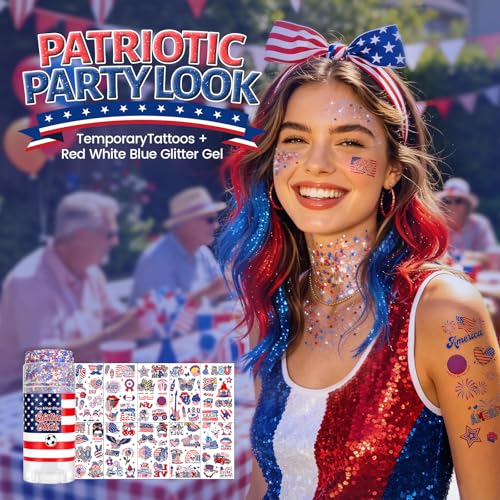 Gloomix Patriotic Face & Hair Glitter Kit Red White Blue with 100 Stickers for 4th of July