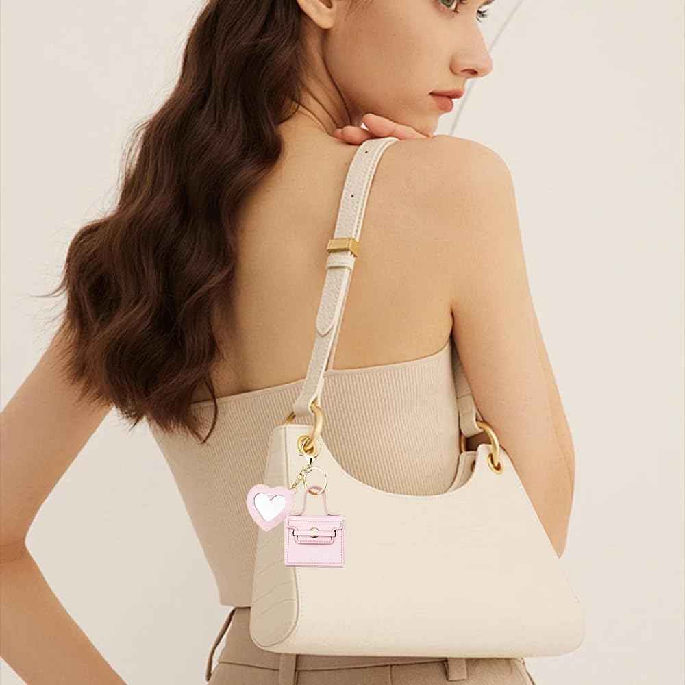 Arvintas 4PCS Super Smalls Makeup Bag with Mirror Mini Makeup Bag for Women, Coin Wallet, Bag Charms Y2k Accessories Cute Leather Keychain (Style 2)