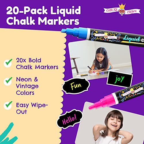 CHALKY CROWN Bold Chalk Markers - Dry Erase Marker Pens - Liquid Chalk Markers for Chalkboards, Signs, Windows, Blackboard, Glass - Reversible Tip (20 Pack) - (Multicolored, 6mm)