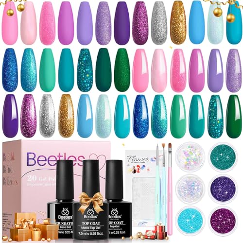 Beetles Summer Mermaid Gel Nail Polish Set, 20 Colors Blue Green Pink Purple Shimmery Glitter Summer Gel Polish Kit with Base Gel Top Coat Nail Art Brushes Soak off Uv Nail Gel Gift for Girls