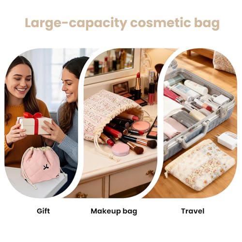 Large Makeup Bag, Cute Drawstring Cosmetic Bag with Canvas Lining, Floral Coquette Aesthetic Toiletry Bag, Travel Make Up Organizer Bag for Women and Girl (Blue Flower)