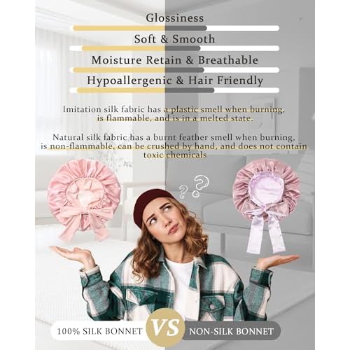 100% Mulberry Silk Bonnet for Sleeping Women Double Layer Silk Hair Bonnet Natural Silk Sleep Cap with Elastic Reversible Hair Wrap (Pink+Beige)