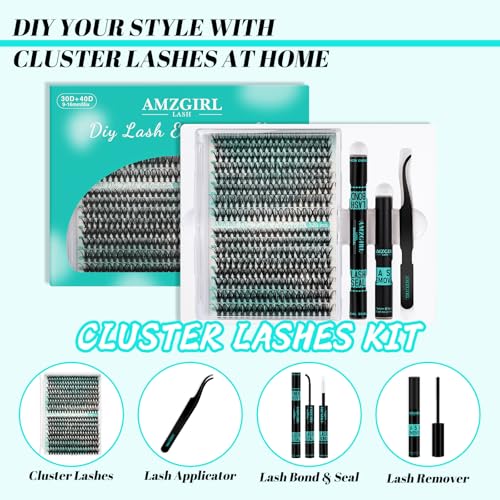 AMZGIRL LASH Clusters Kit 320Pcs, DIY Individual Extensions with Lash Bond and Seal, Remover For False Eyelashes, Applicator Tool Kit At Home(3040D,D-Mix9-16mm, Black