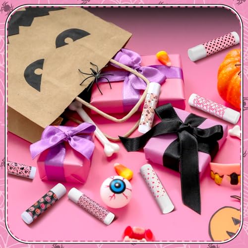 Siifert 20 Pcs Cute Pink Halloween Lip Balm Favors with Ghost Prints - Variety of 10 Flavors, Moisturizing & Travel-Friendly