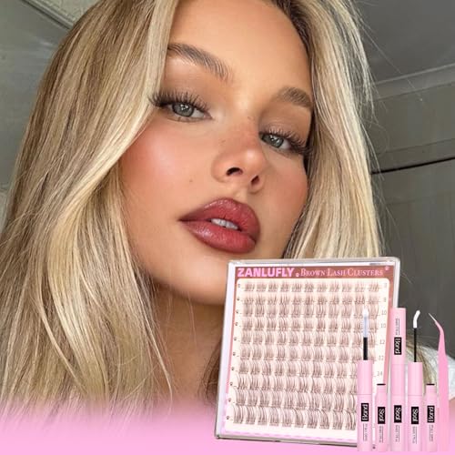 Brown Lash Clusters Kit Natural Dark Brown Eyelash Clusters Wispy Lash Extension Kit Brown Cluster Eyelash Extensions Kit 8-16MM DIY Individual Lashes with Lash Bond and Seal Tweezers by ZANLUFLY