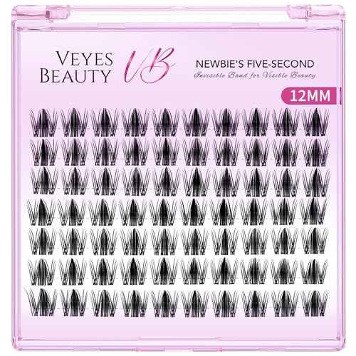 VEYESBEAUTY Lash Clusters Eyelash Extensions Thin & Invisible Band DIY Individual False Eyelashes Newbie's Five-Second Series Wispy Lash Tray for Self-application, Manga Lashes12mm Length