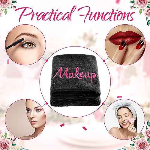 Preboun 96 Pack Makeup Remover Cloths, 13 x 13 Inch Makeup Towels Bulk Soft Microfiber Face Towels Reusable Makeup Washcloths with Makeup Embroidery for Women Skin (Black)