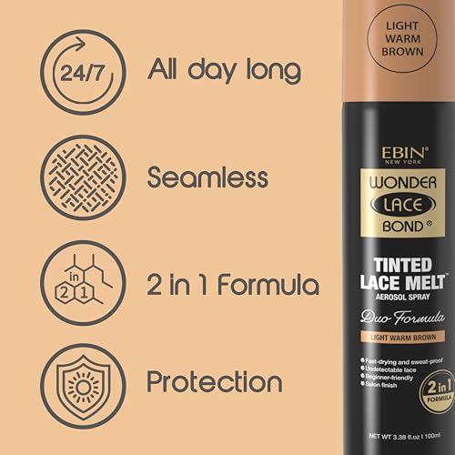 EBIN NEW YORK Wonder Lace Bond Tinted Lace Melt Aerosol Spray - Dark Brown 3.38oz/ 100ml - Quick Dry No Transfer Formula, Humid Resistant, Infused with Keratin for Protect Skin, Paraben Free