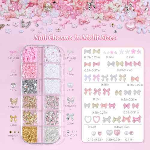 2 Boxes 3D Bow Nail Charms and Gems, Pink White Bows Flowers Heart Petals Nail Art Charms Gold Silver Alloy Bowknot Butterfly for Nails Flatback Pearls Rhinestones Caviar Beads for Women Nail Design