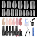 Beetles Gel Polish Nail Extension Kit 240 Pcs Gelly Tips Full Matte Short Coffin Shape 5 in 1 Glue Uv Led Lamp & Jelly Gel Polish Nude Pink Color Neutral Translucent Set Soak Off Nail Lamp Manicure