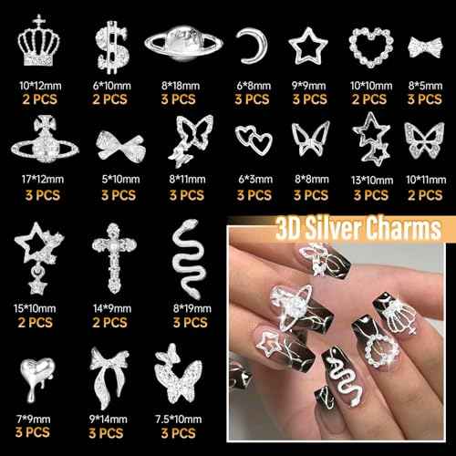 105 Pcs Silver+Gold Nail Gems Charms, Planet Crown Dollar Nail Gems Snake Star Bow Nail Charms 3D Cross Nail Art Jewelry Charms + Gold Dollar Charms for Nail Art DIY Jewel Accessories