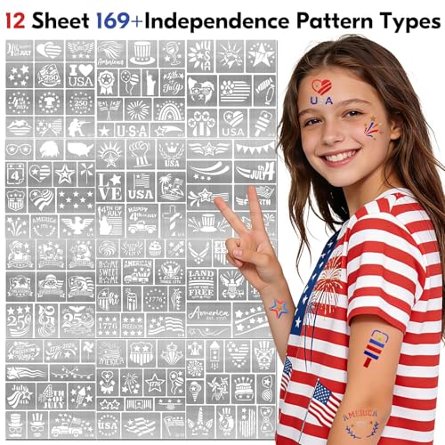 4th of July Temporary Tattoo Markers - 12 Reusable Stencils & 8 Metallic Pens