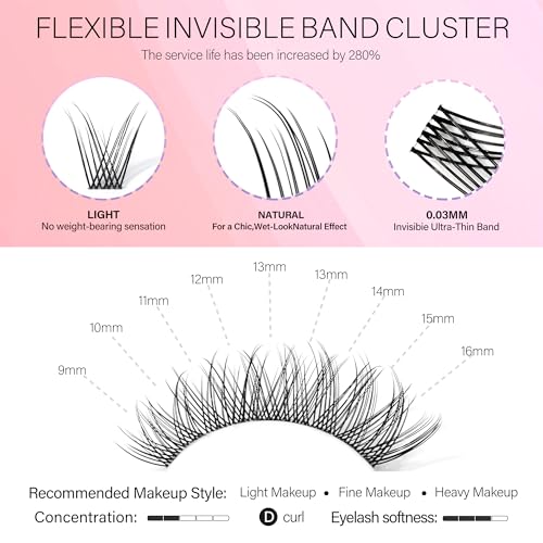 Heartbeat Wispy Lash Clusters with Spikes Thin Invisible Band Eyelash Extension Natural Clear Band Individual Lashes Soft Wispy 9mm-16mm Mixed Length Reusable DIY False Eyelashes (U5)