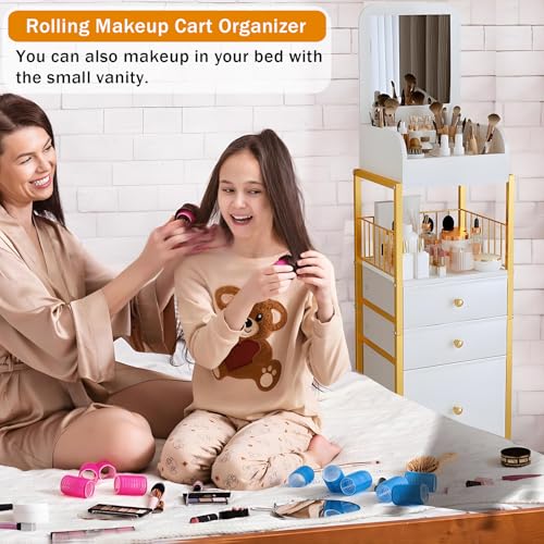 Gold Makeup Cart Organizer with Mirror, Large Floor Vanity Storage