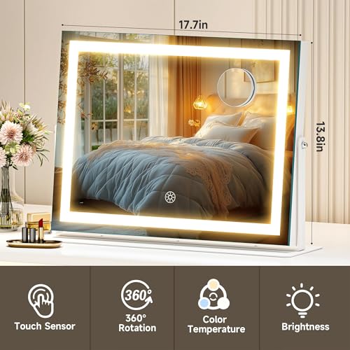 Hasipu 17.7" x13.8¡± LED Vanity Mirror with Lights - Touch Control Makeup Mirror with 10X Magnification, 3 Color Modes, 360¡Æ Rotation & Brightness Adjustment