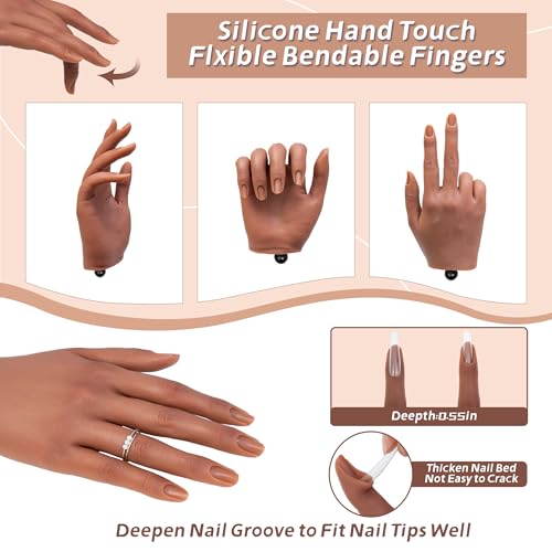 Practice Hand for Acrylic Nails,with Flexible Fingers, Realistic Silicone Mannequin Hand Model for Nail Art Training, Gel Polish and Manicure Beginner Kit