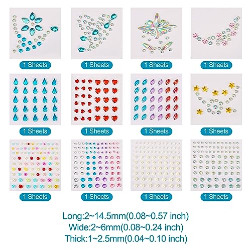 Craftdady 12 Sheets Resin Rhinestone Stickers Heart Teardrop Flower Star Stick On Face Gems Stick On Nail Body Resin Beads for Halloween Makeup Nail Art Wedding Scrapbook