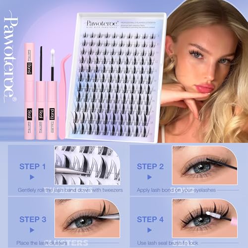 Pawotence Manga Lash Clusters Kit Eyelash Clusters 8-18mm Lash Extension Kit Fairy Individual Lashes Cluster Wispy with Lashes Cluster Glue, Tweezers for Invisible Band Cluster Eyelash Extensions Kit