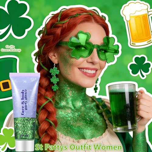 St Patricks Day 3-Piece Set - Green Glitter, Shamrock Earrings & Sunglasses