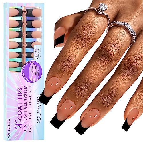 btartboxnails French Nails Black - Builder Gel, Square Nail Tips, 150Pcs Soft Gel Tips