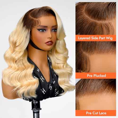 Wiggins Ombre 4/613 Blonde Layered Wig Human Hair 250 Density Body Wave 6x8 Pre Cut Layered Human Hair Wig Side Part Glueless Wigs Pre Plucked Wigs For Black Women Beginner Friendly 18 Inch