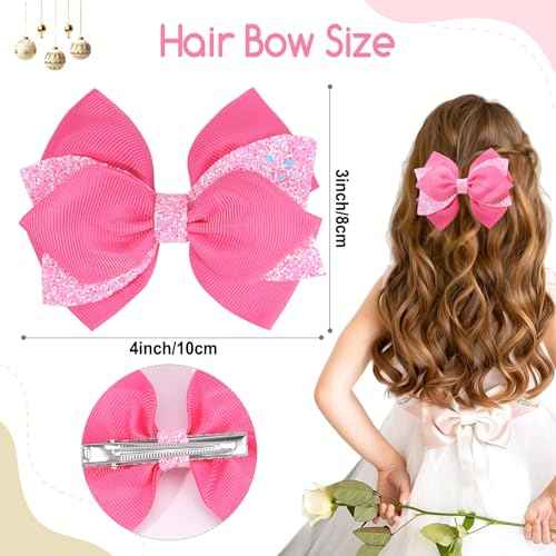 4 Inch Sparkly Glitter Pink Hair Bow Clips for Girls Boutique Sequin Alligator Barrettes Pins for Teens Toddler Children Kids Grosgrain Hair Accessories for Christmas Halloween Fall Birthday