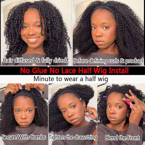 Half Wig Human Hair 200 Density Kinky Curly Half Wig 3 In 1 Seamless Flip Over Glueless Wigs Human Hair with Drawstring Beginner Friendly Curly Wig Headband Wig for Women Daily Wear 20 Inch