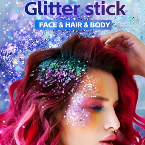 2Pcs Rainbow and Silvery Body Glitter Stick,Hair Face Glitter Gel Makeup for Women,Sparkly Mermaid Face Paint,Singer Concert Outfit Festival Rave