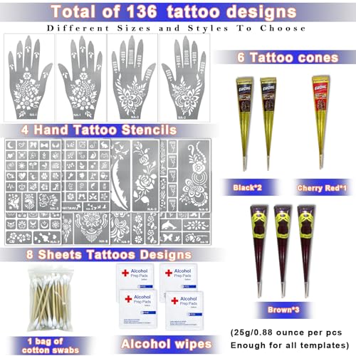 Henna Tattoo Kit: 136 Stencils, 6 Cones, Natural Formula