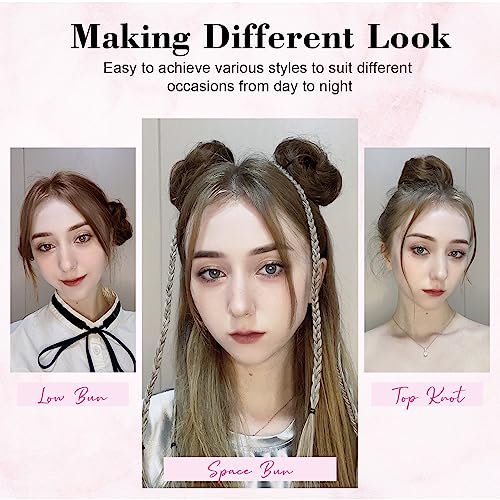 REECHO Space Bun Hair Pieces, 2 PCS Mini Claw Clip in Messy & Cat Ears Fake Hair Bun Extensions HB001 Wig Accessory Updo Hairpieces for Women Girls (Pack of 2-3.5" Wavy, Black Brown)