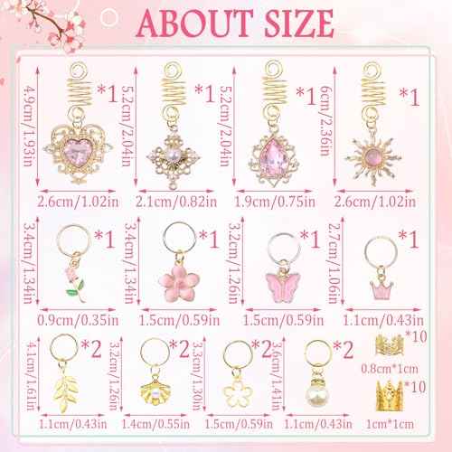 36PCS Pink Crystal Hair Jewelry Butterfly Braids Clips Flower Loc Jewelry Pearl Hair Charms Gold Hair Cuffs Rings Metal Dreadlock Beads Multi Style Braids Accessories for Women and Girls