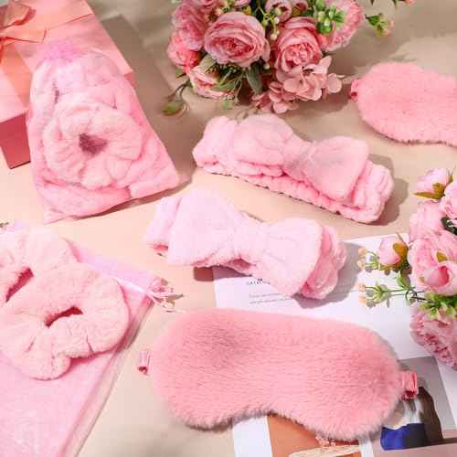Mimorou 48 Pieces Spa Party Supplies 12 Spa Headband 12 Plush Sleep Eye Mask 12 Velvet Scrunchies 12 Organza Bags for Sleepover Slumber Party Favors Christmas Gift(Pink)