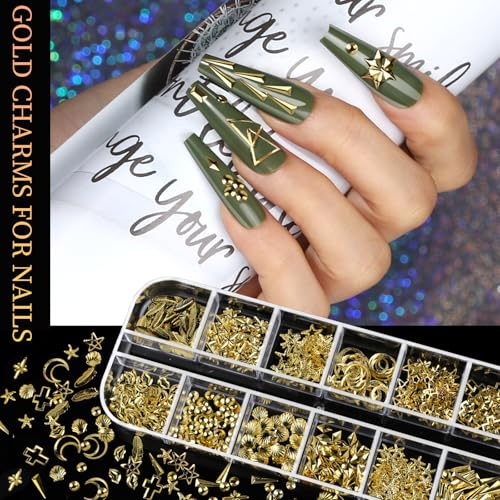 Teenitor Gold Nail Charms & Gems Set - 4 Box Nail Art Supplies Kit for Manicure