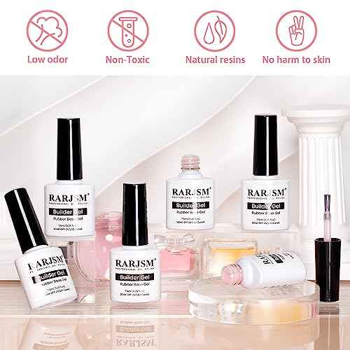 RARJSM Nude Rubber Base Gel Nail Polish Set Clear Sheer Milky White Opaque Pink Builder Base Gel in a Bottle Hard Extension Gel Skin Tone 6 Netural Colors Cured for Nails at Home Salon DIY Beginner