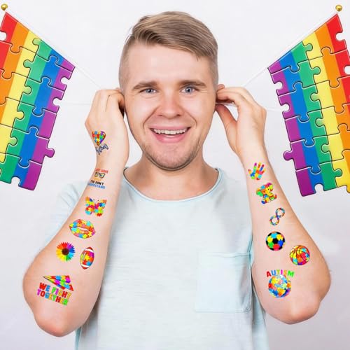 20 Sheets 172 Pcs World Autism Awareness Ribbon Temporary Tattoos Inspirational Autistic Tattoos for Inspirational Autism Awareness Accessories Fundraiser Event Party Decor