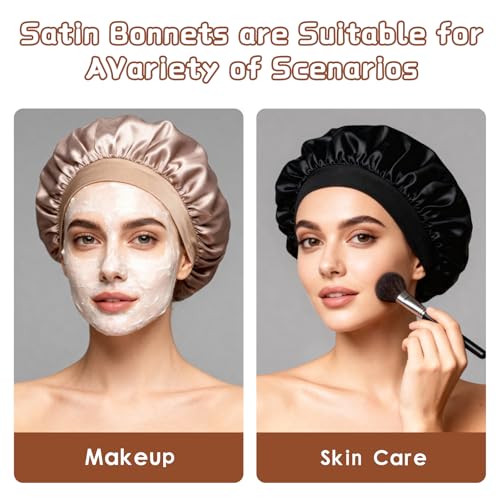 Silk Sleep Cap Set - 2 Pcs Satin Hair Bonnets for Women, Soft Elastic Band, Suitable for Curly & Long Hair - Gold & Black