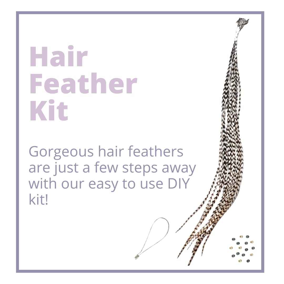 Black and White Striped Hair Feathers DIY Kit for Feather Extensions- 20 Real Rooster Feather Accessories, microlink beads and loop tool by Feather Lily