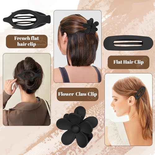 Hair Clips for Women: Non-Slip Strong Hold Jaw Claw Clips for Thin Thick Curly Hair, Classic Black Hair Claw Set Include Large, Square, Flower, Flat & Small Clips as Christmas Gift 12Pack(Set A)