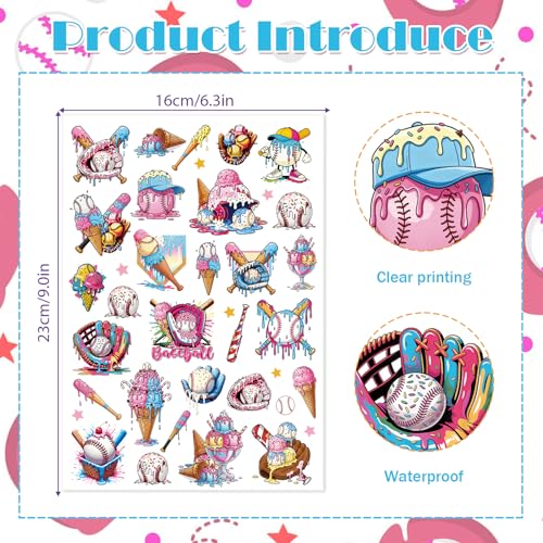 Ice Cream Baseball Temporary Tattoos - 8 Sheets 200+ Designs