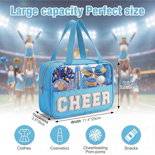 KYTACCU Sky Blue Cheer Makeup Bag with Chenille Letter & Clear Travel Pouch for Girls & Women
