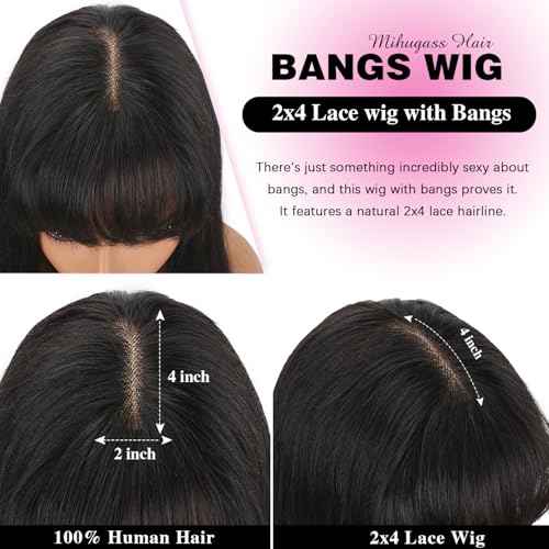 2x4 Lace Front Wigs With Bangs Human Hair Lace Closure Wig 200% Density Brazilian Virgin Hair Glueless Wig Natural Black Color(10 Inch)
