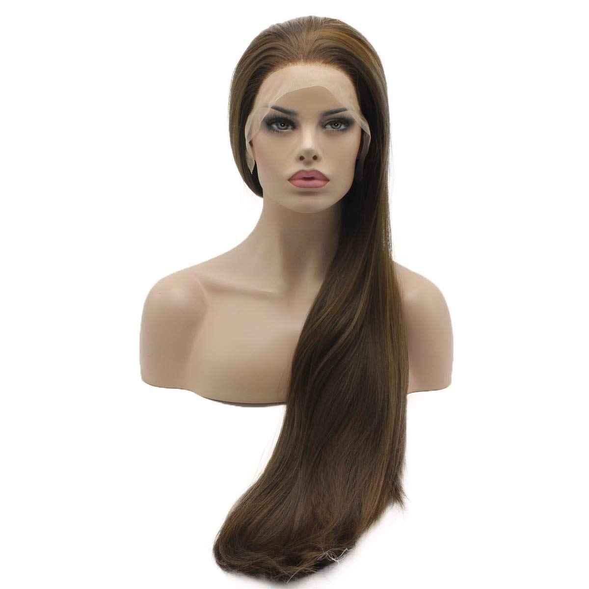 Lushy Straight Extra Long 28inch Silky Brown Honey Blonde Mix Heat Resistant Heavy Density Synthetic Lace Front Wig